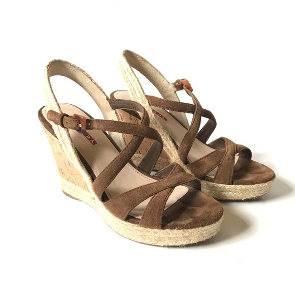 Prada Suede Cork Wedge Heels Sandals Womens 37 7 Brown Tan Platform Buckle Shoes - Picture 2 of 9
